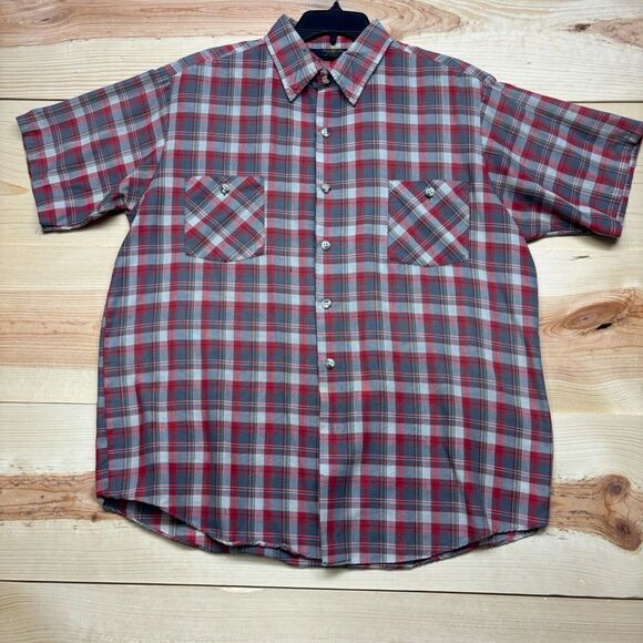 VINTAGE OshKosh Bgosh Shirt Large Gray Red Short Sleeve Button Up Work Wear - Picture 3 of 16
